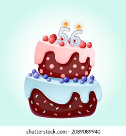 Fifty six years birthday cake with candles number 56. Cute cartoon festive vector image. Chocolate biscuit with berries, cherries and blueberries. Happy Birthday illustration