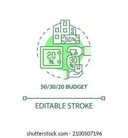 Fifty thirty twenty rule budget green concept icon. Financial planning abstract idea thin line illustration. Isolated outline drawing. Editable stroke. Roboto-Medium, Myriad Pro-Bold fonts used
