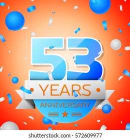 Fifty three years anniversary celebration on orange background. Anniversary ribbon