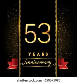 fifty three years anniversary celebration logotype. 53rd anniversary logo with confetti golden colored and red ribbon isolated on black background, vector design for greeting card and invitation card
