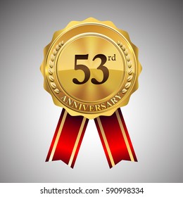 fifty three years anniversary logotype, with golden badge and red ribbon, vector elements for birthday celebration