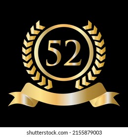 Fifty Two, 52 Years Anniversary Celebration Gold and Black Template. Luxury Style Gold Heraldic Crest Logo Element Vintage Laurel Vector