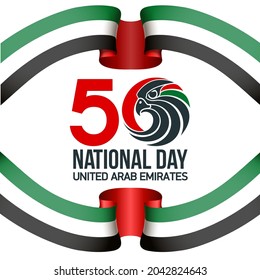 Fifty UAE national day, Spirit of the union. Banner with UAE state flag. Illustration of 50 years National day of the United Arab Emirates. Card in honor of the 50th anniversary 2 December 1971 2021
