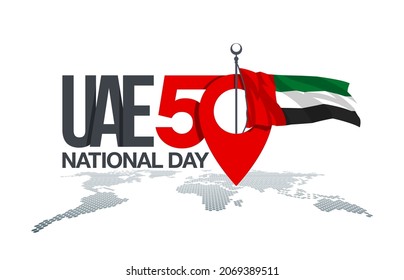 Fifty UAE national day, Spirit of the union. Point map banner with UAE state flag. Illustration of 50 National day United Arab Emirates. Card in honor of the 50th anniversary 2 December 1971 - 2021