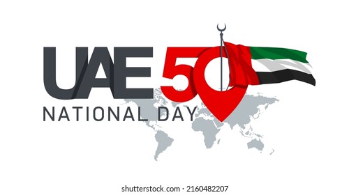 Fifty UAE national day, Spirit of the union. Point map banner with UAE state flag. Illustration of 50 National day United Arab Emirates. Card in honor of the 50th anniversary 2 December 1971 - 2021