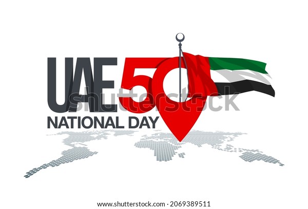 Fifty UAE national day, Spirit of the union. Point\
map banner with UAE state flag. Illustration of 50 National day\
United Arab Emirates. Card in honor of the 50th anniversary 2\
December 1971 - 2021
