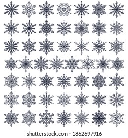 Fifty vector snowflakes on white background