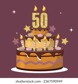 Fifty year anniversary. Vector birthday cake. Holiday cake with candle.  Big chocolate cake. Fifty year old. Fifty party.