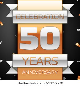Fifty years anniversary celebration golden and silver background. Anniversary ribbon