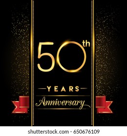 fifty years anniversary celebration logotype. 50th anniversary logo with confetti golden colored and red ribbon isolated on black background, vector design for greeting card and invitation card