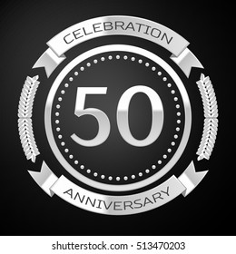 Fifty years anniversary celebration with silver ring and ribbon on black background. Vector illustration