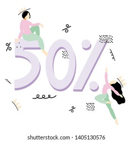 Fifty years anniversary party poster. Female characters decorating 70 number. Store jubilee special offers. Marketing, promo campaign