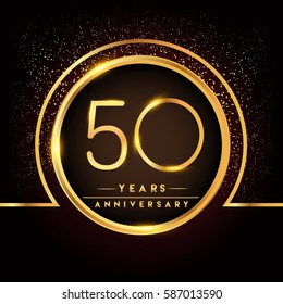 fifty years birthday celebration logotype. 50th anniversary logo with confetti and golden ring isolated on black background, vector design for greeting card and invitation card