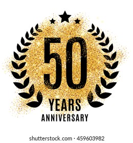 Fifty years golden anniversary sign. Gold glitter celebration. Light bright symbol for event, invitation, award, ceremony, greeting. Laurel and star emblem, luxury elegant icon.