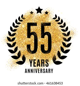 Fifty-five years golden 55 anniversary sign. Gold glitter celebration. Light bright symbol for event, invitation, award, ceremony, greeting. Laurel and star emblem, luxury elegant icon.