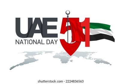 Fifty-one UAE national day, Spirit of the union. Point map banner with UAE state flag. Illustration of 51 National day United Arab Emirates. Card in honor of the 51th anniversary 2 December 1971-2022