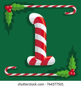 Fig 1, red and white sweets, candy sweet cane on green background, illustration, vector