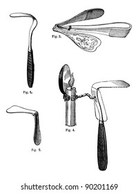 Fig 1. Tongue depressor fixed, Fig.2 Tongue depressor articulates, Fig 3. Tongue depressor articulate, Ricord, Fig 4. Tongue depressor with reflector. Usual Medicine Dictionary by Dr Labarthe - 1885