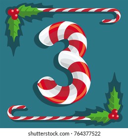 Fig 3, red and white sweets, candy sweet reed on turquoise background, illustration, vector