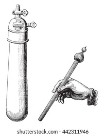 Fig 4 - Recipient who served in the first experiment called the water martean, Fig 5 - The water hammer, vintage engraved illustration. Magasin Pittoresque 1852.
