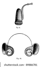 Fig. 45. Cornet English Fig 46. Conques acoustic, vintage engraved illustration. Usual Medicine Dictionary by Dr Labarthe - 1885