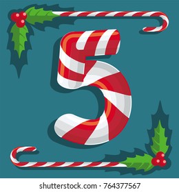 Fig 5, red and white sweets, candy sweet cane on turquoise background, illustration, vector