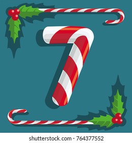 Fig 7, red and white sweets, candy sweet cane on turquoise background, illustration, vector