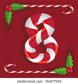 Fig 8, red and white sweets, candy sweet cane on red background, illustration, vector