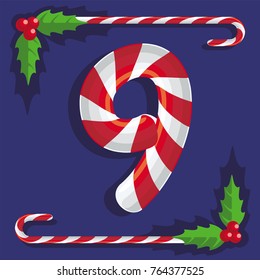 Fig 9, red and white sweets, candy sweet cane on blue background, illustration, vector