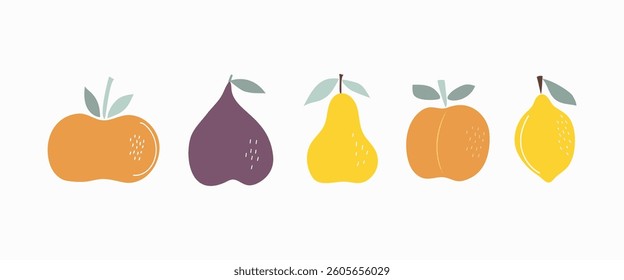 Fig, apple, pear, peach, lemon. A set of  abstract fruits. Vitamin natural vegetarian food. Color flat illustration, graphics. Isolated white background.