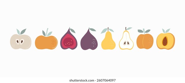 Fig, apple, pear, peach. A set of slices and whole abstract fruits. Vitamin natural vegetarian food. Color flat illustration, graphics. Isolated white background.