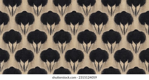  Fig and black flower ikat tribal boho tie die colors flower seamless wallpaper. Motif ethnic handmade beautiful Ikat art. Ethnic abstract floral pink background art. 