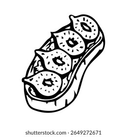Fig bruschetta on a crouton with pate drawing, party snack food sketch. Restaurant and cafe menus decoration. Vector illustration.