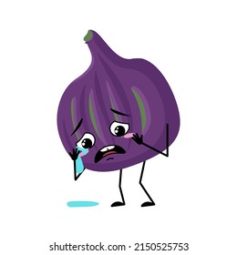 Fig character with crying and tears emotion, sad face, depressive eyes, arms and legs. Person with melancholy expression, violet fruit emoticon. Vector flat illustration