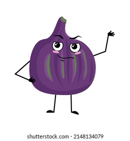 Fig character with emotions of hero, brave face, arms and leg. Person with courage expression, violet fruit emoticon. Vector flat illustration