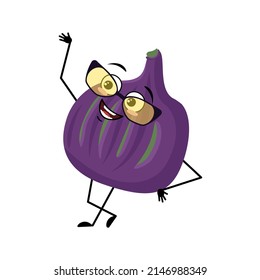 Fig character with glasses and happy emotion, face, smile eyes, arms and legs. Person with happy expression, violet fruit emoticon. Vector flat illustration