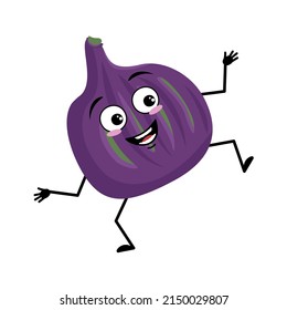 Fig character with happy emotion, joyful face, smile eyes, arms and legs. Person with expression, violet fruit emoticon. Vector flat illustration