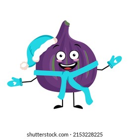 Fig character in Santa hat with happy emotion, joyful face, smile eyes, arms and legs. Person with happy expression, violet fruit emoticon. Vector flat illustration