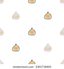 Fig character seamless pattern with smiley face. Hand-drawn cartoon doodle in simple naive style. Vector illustrations in a pastel palette for kids. Isolate cute fruit on a white background