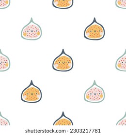 Fig character seamless pattern with smiley face. Hand-drawn cartoon doodle in simple naive style. Vector illustrations in a pastel palette for kids. Isolate cute fruit on a white background