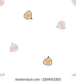 Fig character seamless pattern with smiley face. Hand-drawn cartoon doodle in simple naive style. Vector illustrations in a pastel palette for kids. Isolate cute fruit on a white background