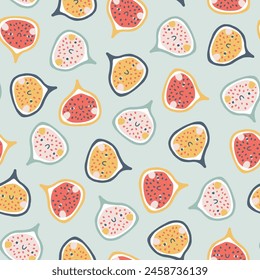 Fig character seamless pattern with smiley face fruit on a polka dot background. Hand-drawn cartoon doodle in simple naive style. Vector illustrations in a pastel palette for kids