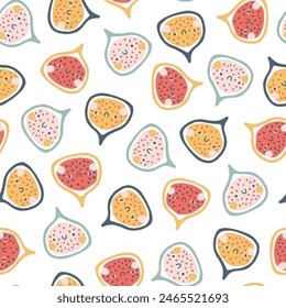 Fig character seamless pattern with smiley face fruit on a polka dot background. Hand-drawn cartoon doodle in simple naive style. Vector illustrations in a pastel palette for kids