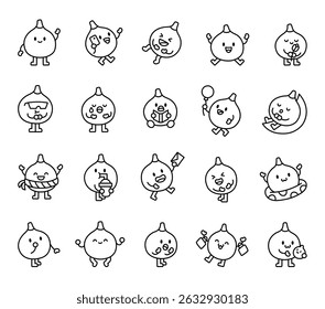 Fig character set featuring adorable characters smiling, greeting, holding smartphone, balloon, reading book, sleeping on moons, and celebrating cheerful moments for creative designs