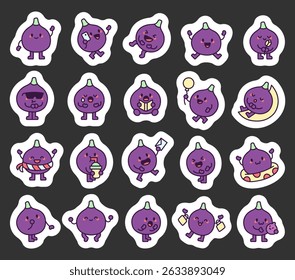 Fig character set featuring adorable characters smiling, greeting, holding smartphone, balloon, reading book, sleeping on moons, and celebrating cheerful moments for creative designs