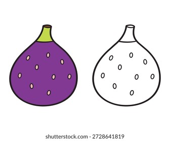 Página de colorir Fig para crianças. Simples fruta de desenho animado com exemplo colorido e contorno para criança e pré-escola 