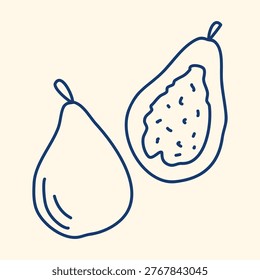 Fig doodle. Hand drawn blue ink illustration of ripe, sweet figs, whole and halved. Healthy organic food, vector art