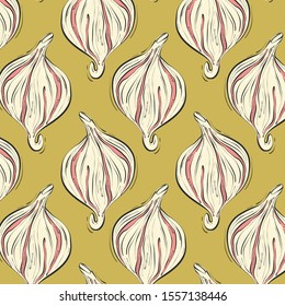 Fig drawing seamless pattern in green colors, simple trendy summer design. Modern tropical plant, exotic food repetition background