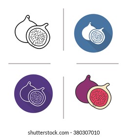 Fig flat design, linear and color icons set. Common fig in different styles. Sliced fig icons. Tropical fruit. Long shadow logo concept. Fig isolated vector illustrations. Infographic elements