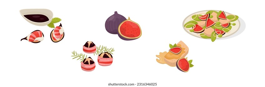 Fig Food with Fruit, Sauce, Salad and Roll Vector Set